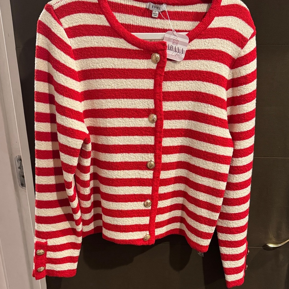 Elegant Red and White Striped Cardigan